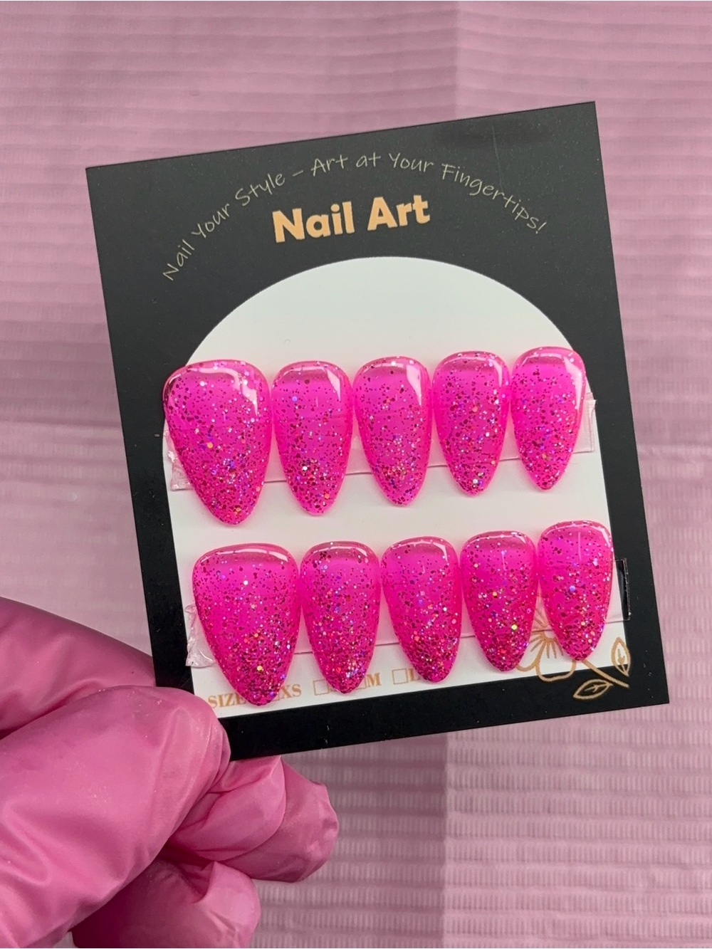 Short almond press on nails neon pink glitter handmade custom builder gel
